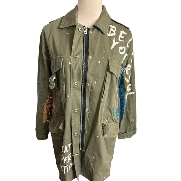 Zara Trafaluc Anorak Utility Jacket Army Green Sequin Embroidered Full Z… - Picture 8 of 13